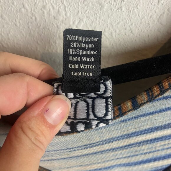 Clara Sun Woo Size Medium Striped Tunic Top Blouse Blue Brown V Neck Artsy Shirt - Picture 5 of 6